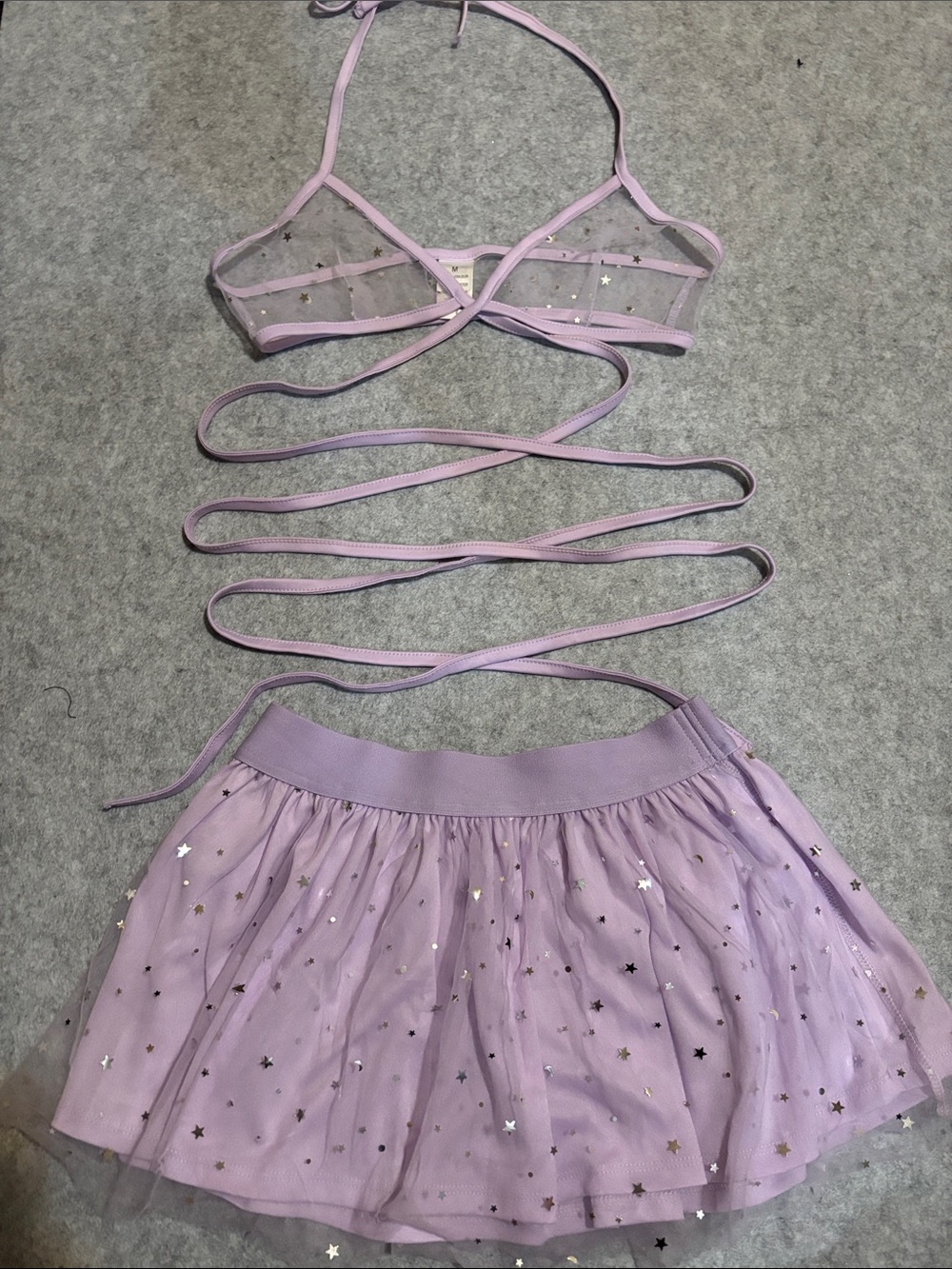 iHeartRaves Lavender Lilac Star Mesh Bralette & Tulle Mini Skirt Rave Set